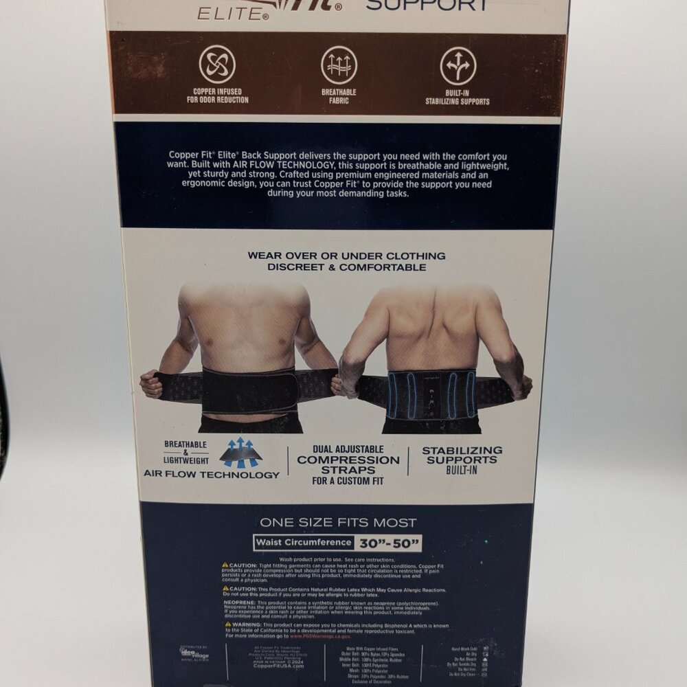 Copper Fit Elite Adjustable Back Support w/Airflow Technology, Unisex 30-50" NEW - Picture 3 of 7